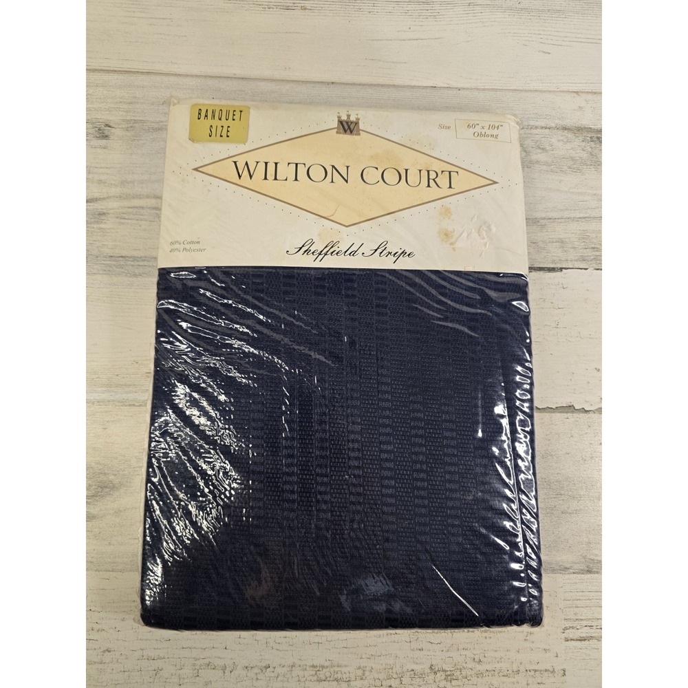 VTG 1998 Wilton Court Sheffield Stripe Tablecloth Navy Blue 60x104 Oblong